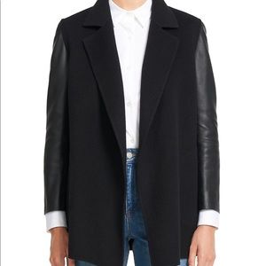 Theory black wool coat with leather sleeves